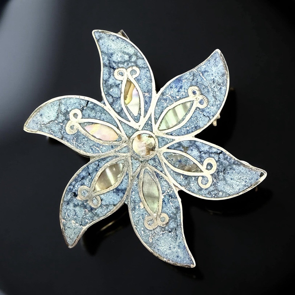 VTG Mexico 925 Sterling Silver‎ Floral Brooch Abalone Stone Inlay Pendant 4.78g